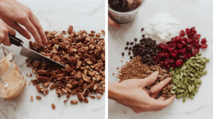 There’s something about adding crunchy toppings that makes everything feel right. I chop the pecans by hand — not perfectly, but intentionally. I measure the pumpkin seeds and cranberries, often stealing one or two cranberries for myself because their soft sweetness reminds me that small joys still exist.