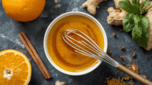 This dressing feels like therapy in a bowl. The balsamic adds depth. The orange zest brightens everything. Ginger wakes me just enough to feel present. Cinnamon brings quiet warmth. I whisk it all together and breathe in the scent — warm, bright, calming.