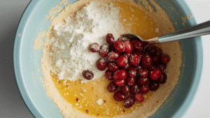 To the orange sugar, add: All-purpose flour Baking powder Baking soda Salt Whisk or stir to combine. Then add your halved cranberries and toss them gently so they’re coated in the flour mixture. This helps them not sink and keeps them from clumping together.