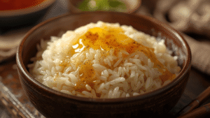 Warm buttered rice with soft glow.