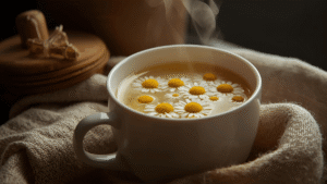 Warm chamomile cup with gentle steam.