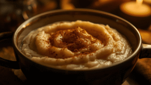 Warm mashed banana with cinnamon, dim cozy light.