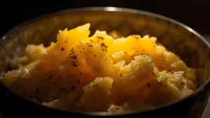 Warm mashed pear glowing under soft light.