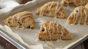 When the scones are still slightly warm but not piping hot, drizzle the glaze over the top.
You can go all-in with a generous drizzle or just add thin lines for a more subtle finish.
Now comes the best part: sit down with a warm scone, a cup of tea or coffee, and give yourself a few quiet minutes before diving back into the rest of the day.