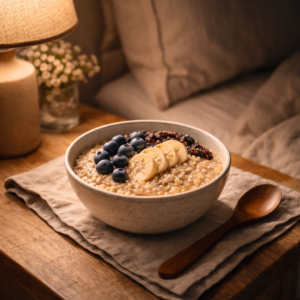 A warm bowl of oatmeal placed on a bedside table with soft lamp light, cozy evening atmosphere, calming colors, quiet night routine mood, realistic lifestyle photography.