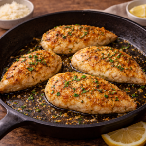 Parmesan Crusted Chicken Breast I coat the chicken lightly with parmesan and let it cook until golden. No breading, no fuss. Crisp on the outside, soft inside. Simple and satisfying.