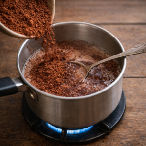 Once the milk is warm, add the cocoa powder gradually, stirring constantly. At first it may look thin or uneven. Keep going. Cocoa needs time to dissolve fully.