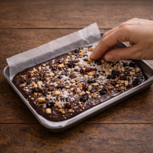 If you want texture, this is the moment. Sprinkle chopped nuts, coconut, or dried fruit on top and press them in lightly.