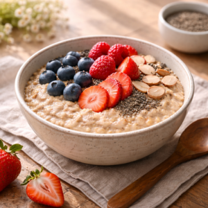 A balanced breakfast bowl with oatmeal, fresh berries, sliced almonds, and chia seeds. Bright but soft daylight, clean wooden surface, healthy and uplifting mood, realistic food blog photography.