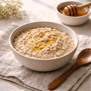A simple, comforting bowl of plain oatmeal with a drizzle of honey, styled clean and uncluttered. Bright natural light, soft shadows, calm and light feeling, minimal props, focus on texture and warmth.