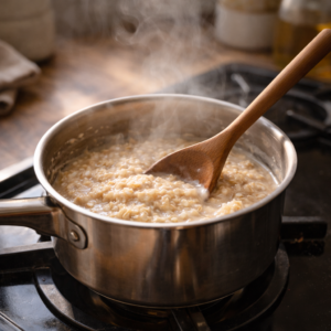 Oats gently simmering in a small saucepan on a stovetop, steam rising softly. Wooden spoon stirring creamy oats, cozy kitchen environment, warm lighting, candid cooking moment, realistic home-style food photography.
