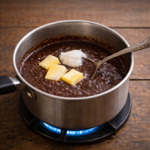 Now add butter or coconut oil. This is where the magic starts. The mixture will become glossy, thicker, and smoother. Stir slowly and steadily, keeping the heat low.