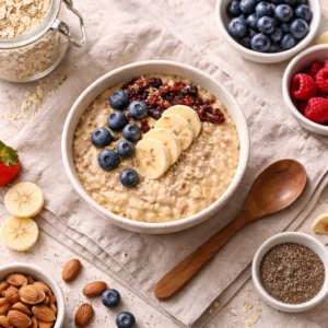 Flat lay of a bowl of oatmeal surrounded by fresh fruits, oats, nuts, and a wooden spoon on a linen cloth. Neutral color palette, aesthetic composition, soft shadows, clean food blog style.