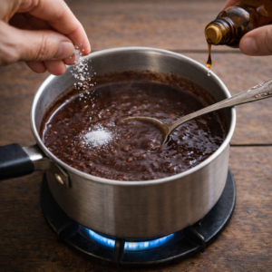 Add a pinch of salt to balance the sweetness. If you like, add a few drops of vanilla essence. The smell at this stage is deep, warm, and comforting.