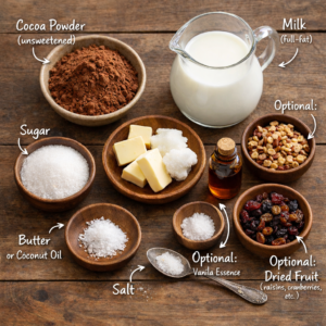 This recipe keeps things simple. Each ingredient plays a clear role, and nothing feels unnecessary.
Cocoa powder (unsweetened, good quality if possible)
Milk (full-fat gives the best texture, but regular milk works too)
Sugar (adjust to your taste)
Butter or coconut oil
A pinch of salt
Optional: vanilla essence, chopped nuts, or dried fruit
That’s it. No special chocolate molds required. No thermometer. Just everyday ingredients coming together gently.