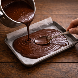 Line a small tray or plate with parchment paper. Pour the warm chocolate mixture onto it and spread gently with the back of a spoon.