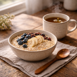 A peaceful breakfast moment showing a bowl of warm oatmeal on a wooden table beside a steaming cup of herbal tea. Soft natural light, linen napkin, calm neutral colors, cozy atmosphere, slow morning vibe, realistic lifestyle food photography, comforting and grounding mood.