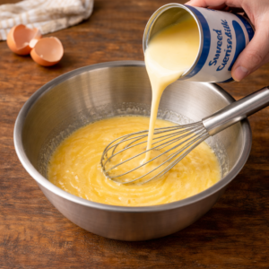 Pour in the condensed milk and stir gently. The mixture will thicken slightly and turn pale. Take your time. Let it come together naturally.