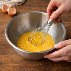 Crack the eggs into a mixing bowl and whisk until smooth. You don’t need speed here. Just mix until the eggs look even and slightly glossy.