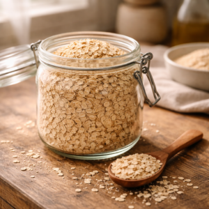 Close-up shot of raw oat grains in a glass jar with a wooden spoon resting beside it. Natural kitchen background, soft daylight, clean and minimal composition, realistic texture, earthy tones, high-detail food photography.