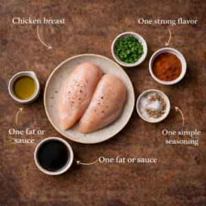 Every ingredient has to earn its place. Nothing is extra. Nothing is there just to look good. My basic formula is always the same: Chicken breast One fat or sauce One strong flavor One simple seasoning Salt and pepper are always there — I don’t count them. They’re part of cooking, like heat and time. This approach keeps things honest. It also keeps the chicken tender.