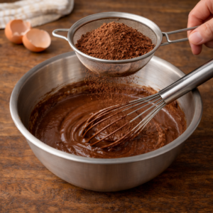 Sift the cocoa powder directly into the bowl. This keeps the batter smooth and prevents lumps. Fold it in slowly until the batter turns deep brown and silky. The texture should feel thick but pourable.