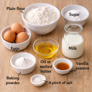 You’ll need: Plain flour Sugar Eggs Milk Oil or melted butter Baking powder Vanilla essence A pinch of salt
