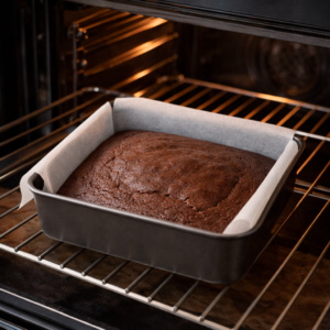 Place it in the oven and bake gently until the edges are set and the center feels softly firm. The cake should not overbake. A slightly soft center is part of its charm.