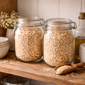 Glass jars filled with oats placed neatly on a wooden kitchen shelf. Natural daylight, rustic kitchen style, clean and organized look, realistic pantry photography.