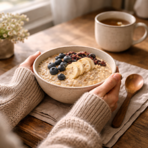 A person sitting at a wooden table near a window, hands gently holding a bowl of oatmeal. Face not visible, cozy sweater, morning light, peaceful and mindful eating moment, emotional warmth, lifestyle food photography.