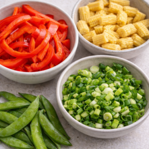 Vegetables that cook quickly and stay gentle
Bell peppers, baby corn, green onions, or snap peas add texture without requiring careful prep. They soften quickly and don’t overpower the dish.
Avoid vegetables that need long cooking times or aggressive seasoning. Low-energy cooking benefits from predictability.