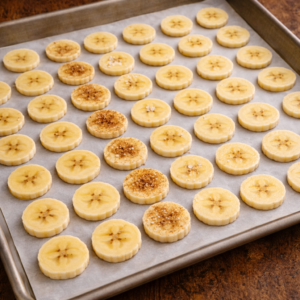 Line a baking tray with parchment paper and lay the banana slices flat. No overlapping. Give them space to breathe.
