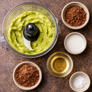 One of the strengths of this recipe is its simplicity. Each ingredient has a clear purpose, and nothing feels unnecessary.

Ripe avocado forms the base, providing creaminess and structure. Cocoa powder or dark chocolate defines the flavor. A gentle sweetener balances bitterness. Salt sharpens and deepens the chocolate. A small amount of milk, if needed, helps fine-tune the texture.

That’s all. No stabilizers. No fillers. No extras trying to steal attention.