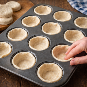 Preheat the oven to 180°C / 350°F. Lightly grease a muffin tin. Take each biscuit and gently press it out into a circle. Don’t roll it thin. Pressing keeps the texture soft. Place each biscuit into the muffin cups, pressing lightly to form a shell with a small rim. If the dough springs back, let it rest for a minute. Dough needs permission to relax.