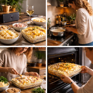 Create image I had music playing softly. Nothing loud. Just something familiar.
While assembling the dish, I wasn’t checking the clock. I wasn’t distracted. I wasn’t thinking about what came next.
Cooking felt like part of the enjoyment, not something in the way of it.
When the dish went into the oven, I smiled — not because I was relieved, but because I knew the rest would happen on its own. Show all process ok