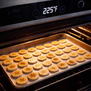 Preheat the oven to a low temperature. Banana chips need patience, not heat. A slow bake allows moisture to leave gently without burning the sugars.