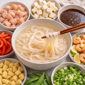 Preparing the Dish Without Creating Stress
Preparation matters more than speed.
Start by soaking the noodles in warm water until they loosen and bend easily. This step doesn’t require precision. If they soak a little longer, they’ll still be fine.
Cut vegetables simply. Uniformity is unnecessary. Consistency matters less than ease.
Protein should be sliced in manageable pieces. Smaller pieces cook faster and reduce the chance of overcooking, which helps preserve tenderness.
Once everything is ready, the actual cooking moves quickly — and that’s intentional.