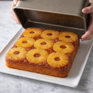 This is the part people rush — and it shows.

If you flip the cake too early, the caramel slides.
If you wait too long, it sticks.

There’s a window where everything is calm.

I rest the cake just long enough for the caramel to settle, then flip it cleanly in one motion. No hesitation. No second guessing.

That moment feels decisive, but not stressful.

When it works, the cake comes out exactly as it should — settled, glossy, complete.