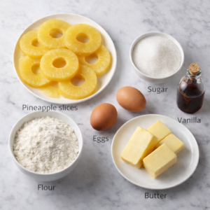 I don’t use complicated ingredients here.
This cake doesn’t need them.
The pineapple is the main voice. Everything else supports it quietly.
Butter adds warmth, not richness.
Eggs give structure, not density.
Flour keeps things grounded.
Vanilla softens the edges.
When ingredients don’t compete, the final result feels calmer.
