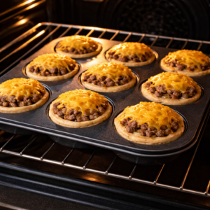 Bake for 15–18 minutes, or until the biscuits are golden and the cheese is melted and lightly browned. Do not open the oven too early. Let the structure form.