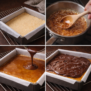 Bake the shortbread until lightly golden and fully cooled. Melt the sugar slowly into caramel, finishing with butter, cream, and salt. Pour gently over the base and let it rest. Finish with melted dark chocolate and a light sprinkle of salt. Chill until set.