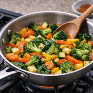 While the quinoa cooks, I heat a pan with a little oil and gently sauté the vegetables. I don’t rush this step. I let the vegetables soften slowly so their natural sweetness comes out. I season lightly—salt, black pepper, maybe a pinch of paprika or cumin if the day calls for it.