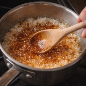 Then comes the caramel — the only step that asks for attention. Sugar melts slowly. You stay with it. You don’t scroll. You don’t multitask.