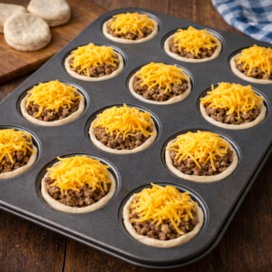 Spoon the beef mixture evenly into each biscuit cup. Don’t pack it tightly — space matters. Top each cup with shredded cheese, covering the filling completely. This creates the seal. The cheese should sit on top, not be pushed inside.