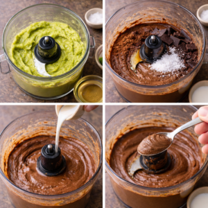 Create image Start by blending or mashing the avocado until completely smooth. Add the chocolate, sweetener, and salt, then blend again until fully combined.
The mixture will be thick at first. Let it blend before adjusting. If the texture feels too dense, add milk one small splash at a time until the mousse becomes smooth and spoonable. It should hold its shape softly, not pour like a sauce.
Once the texture is right, stop blending. Overworking can dull the creaminess.