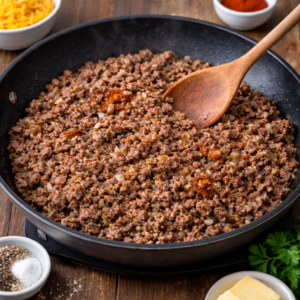 Heat a pan over medium heat and add olive oil or butter. Add the onion and cook slowly until soft, not browned. This step sets the tone — gentle heat, patience. Add garlic and stir briefly, just until fragrant. Add the ground beef and break it up with a spoon. Season with salt, pepper, and paprika. Cook until just done. Do not overcook. The beef should still look moist. Remove from heat and let it cool slightly. Hot filling can soften the dough too much.