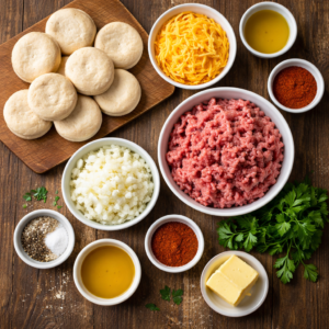 8 refrigerated biscuit dough pieces 450g ground beef (not extra lean) 1 small onion, finely chopped 1 clove garlic, minced Salt, to taste Black pepper, to taste ½ teaspoon paprika or mild chili powder 1 cup shredded cheddar or mozzarella 1 tablespoon olive oil or butter Optional: chopped parsley for finishing