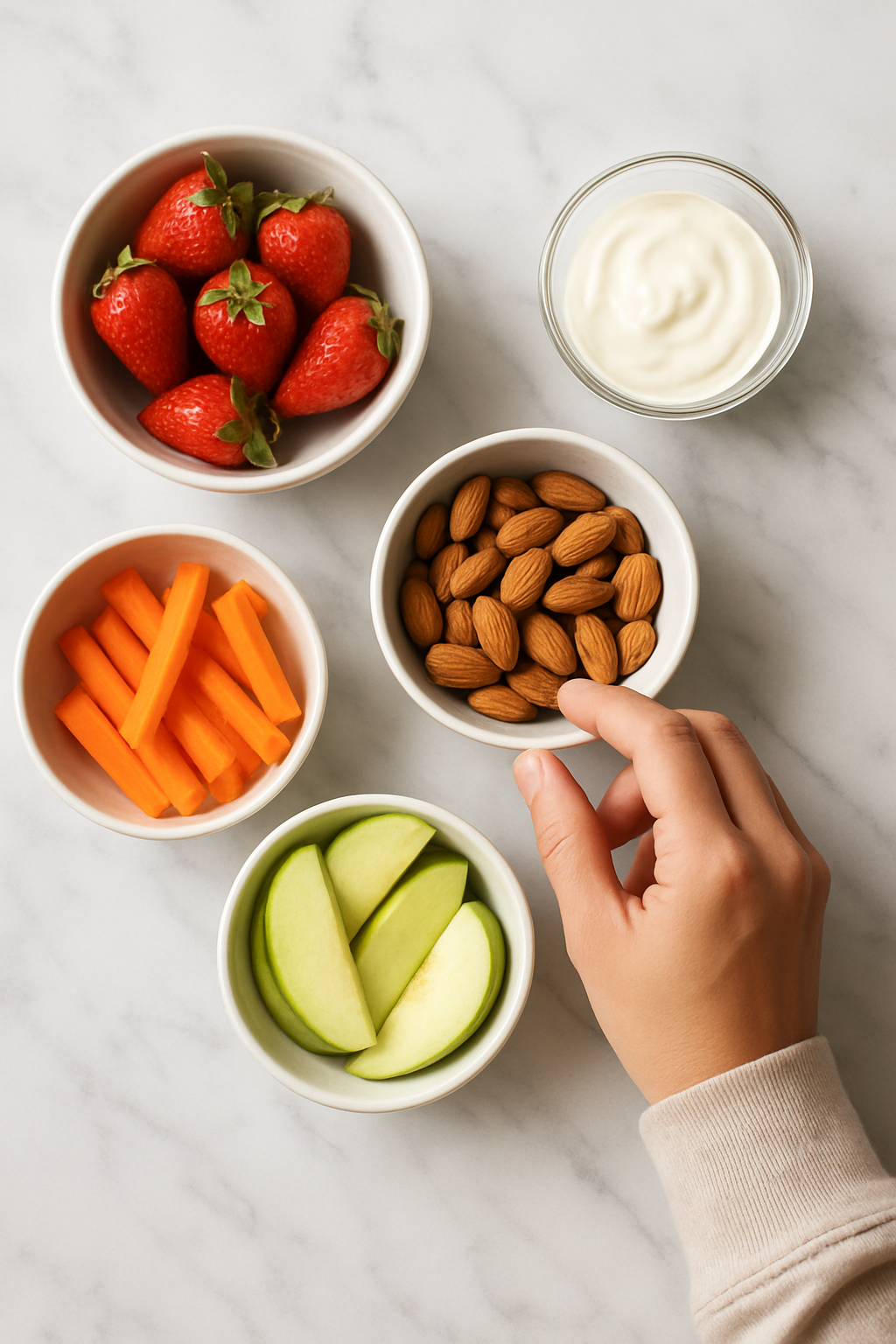 A person reaching for a healthy snack on a marble countertop, top-down view, bright natural kitchen lighting. unique slide 1, vertical 9:16 realistic food photography, no words, no logo Unique image number 1. Do not repeat composition. Realistic food photography, vertical 9:16, no text, no watermark.