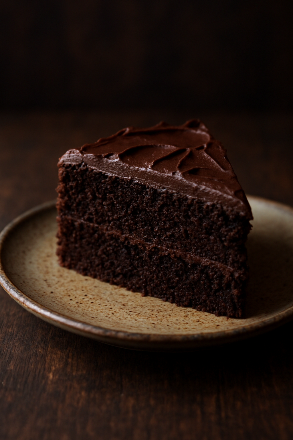 Close-up of a rustic chocolate cake slice on a ceramic plate, soft moody lighting, dark wood table background, 9:16 vertical. unique slide 1, vertical 9:16 realistic food photography, no words, no logo Unique image number 1. Do not repeat composition. Realistic food photography, vertical 9:16, no text, no watermark.