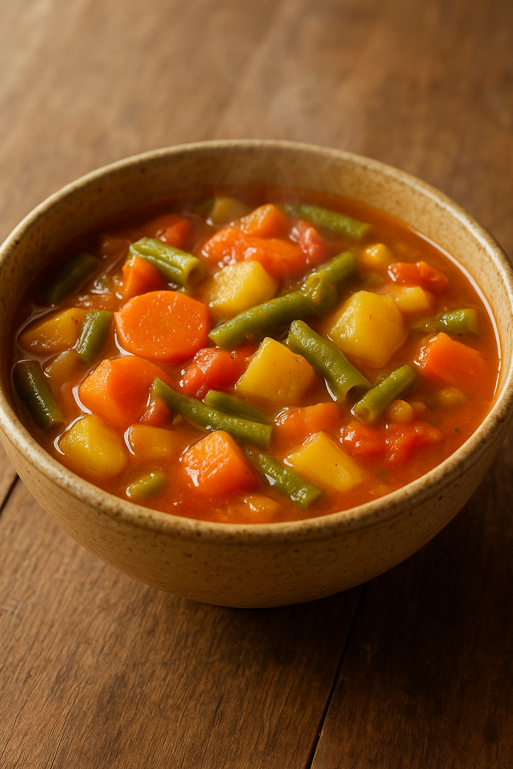 A bowl of warm vegetable stew on a wooden table, soft morning light, vertical 9:16, close up. unique slide 1, vertical 9:16 realistic food photography, no words, no logo Unique image number 1. Do not repeat composition. Realistic food photography, vertical 9:16, no text, no watermark.